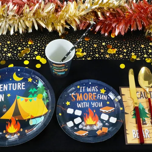 Miniatura 5 de Recheel Suministros para fiestas de camping y decoración, juego de platos y servilletas de papel con temática de fogata, caminata y campamento