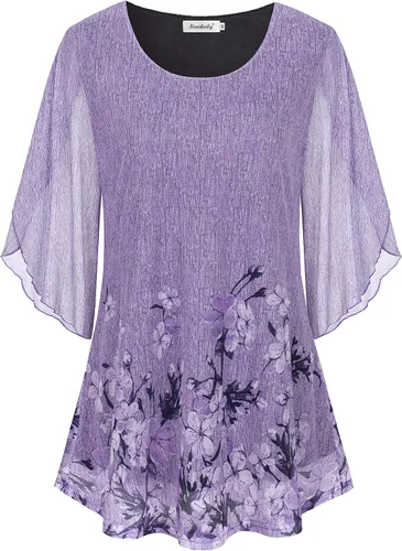 Miniatura 3 de Ninedaily Blusas de manga 34 para mujer, estilo casual, de doble capa, de malla, tipo túnica