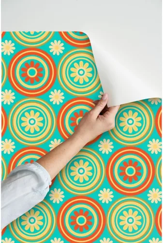 Miniatura 3 de Muestras de papel tapiz para despegar y pegar, círculos de azulejos florales retro de mediados de siglo, moderno, turquesa, naranja, amarillo