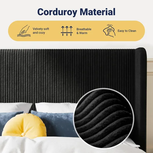 Miniatura 4 de Allewie - Base de cama tamaño Queen con cabecera tapizada de ala de respaldo, plataforma de cama de terciopelo corduroy acolchado con diseño Negro