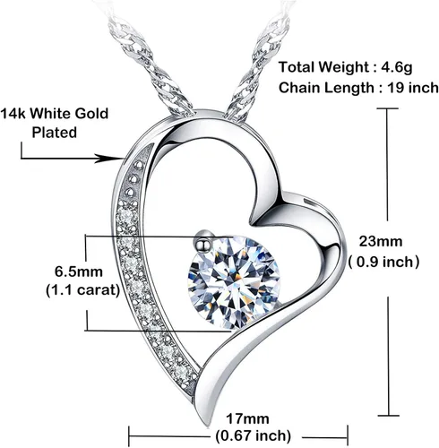 Miniatura 5 de Collar con corazón colgante de plata de ley y chapado de oro blanco de 14K