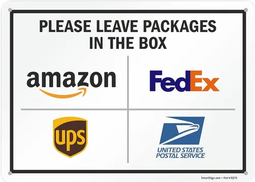 Miniatura 20 de SmartSign 7 x 10 pulgadas "Por favor, deje los paquetes en la caja - Amazon, FedEx, UPS, USPS" Letrero de instrucciones de entrega de metal
