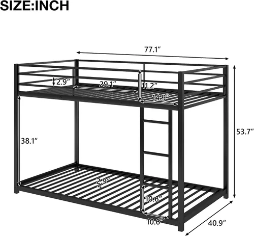 Miniatura 2 de Litera de metal individual sobre individual, litera baja resistente con barandillas de seguridad y escalera para niños, adolescentes y adultos,