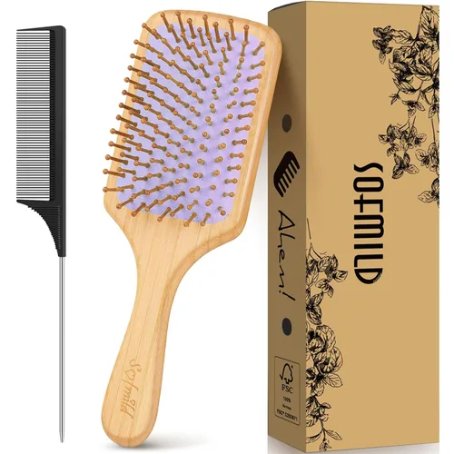 Miniatura 8 de Sofmild Juego de cepillos de pelo de bambú natural para mujeres, hombres y niños, cepillo desenredante para cabello grueso y rizado y húmedo