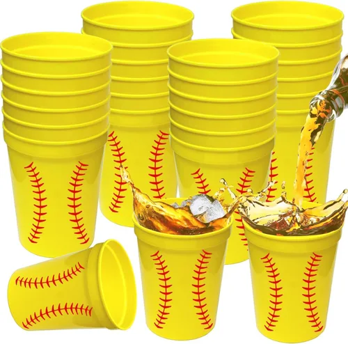 24 tazas de plástico para fiesta de sóftbol, tazas de plástico reutilizables amarillas de 12 onzas, para decoración de fiesta de sóftbol, tazas de