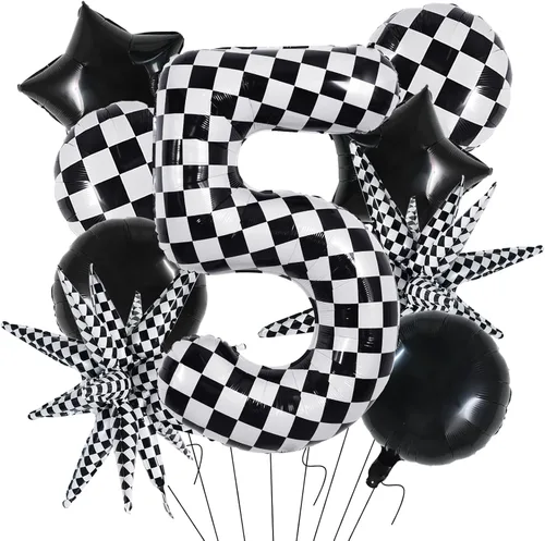 Miniatura 25 de TONIFUL 18 globos a cuadros blancos y negros, globos de carreras de 18 pulgadas para decoraciones de fiestas temáticas de autos de carreras rápidas