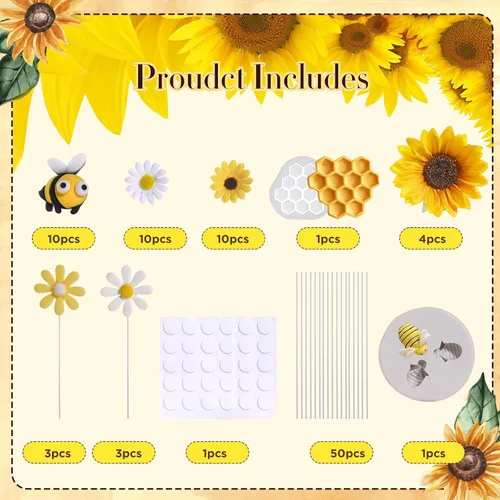 Miniatura 4 de RAYNAG 44 decoraciones para pasteles de abeja y girasol, juego de adornos de pastel de abeja de girasol para decoraciones de fiesta de cumpleaños