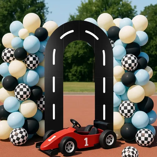 Miniatura 7 de Zhanmai Decoración de fondo para fiesta de carreras, soporte de arco de pista de carreras en forma de U con bolsa de agua ponderada, juego de tabla