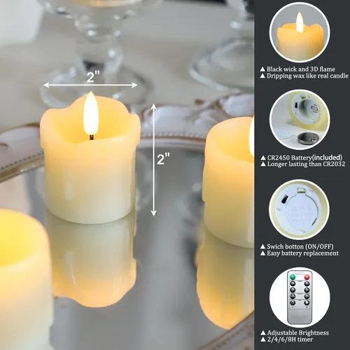 Miniatura 7 de Lezonic - Velas votivas sin llama operadas por batería con control remoto y temporizador, paquete de 6 (D:2" X H:2") velas LED de cera fluctuante