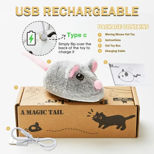 Miniatura 2 de Cat Toys - Ratón móvil recargable chirriante con cola mágica dinámica, mouse de juego automático interactivo para gatos de interior, juguetes Gris