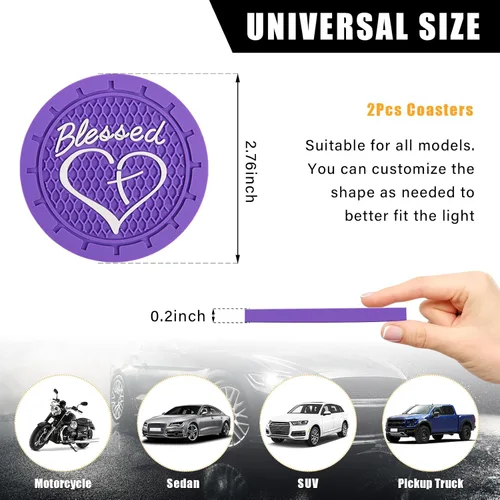 Miniatura 2 de Dickno 2 piezas posavasos para portavasos de automóvil, 2.76 pulgadas cruz bendita y corazón tapete de bebida cristiano, PVC suave antideslizante a