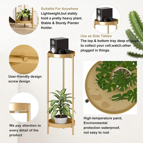 Miniatura 5 de Soporte alto de metal dorado para plantas para interiores o exteriores, estante esquinero moderno de 30 pulgadas y 2 niveles con 2 estantes