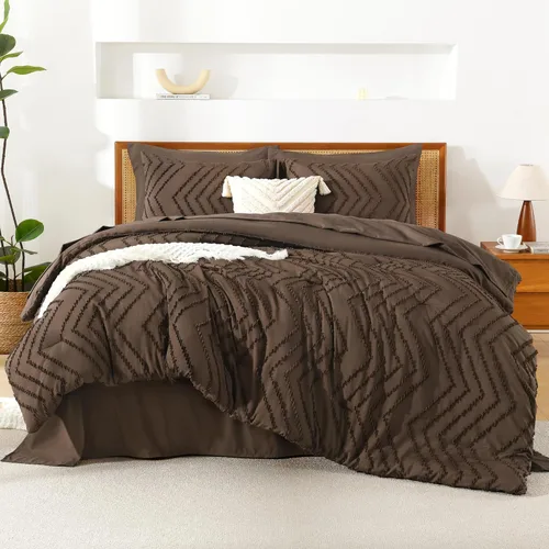 Miniatura 13 de Litanika Juego de ropa de cama con edredón tamaño King con sábanas beige - Juego de 7 piezas en una bolsa, diseño King Chevron copetudo bohemio