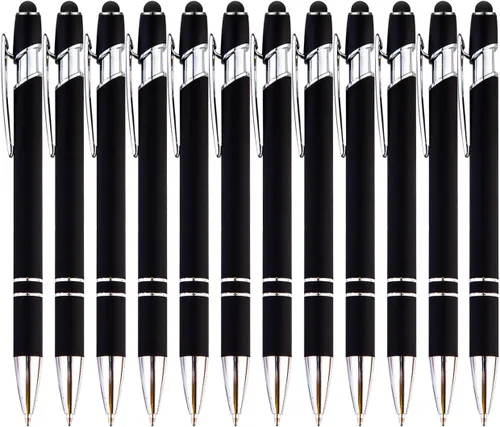 PASISIBICK Bolígrafo negro de 12 piezas con punta de lápiz capacitivo, 2 en 1, elegante bolígrafo de metal para pantalla táctil, tinta negra, punta