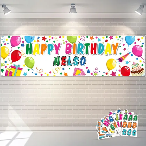 Miniatura 8 de Tatuo Pancarta de Cumpleaños Personalizada con Nombre DIY Pancarta Colorida de Feliz Cumpleaños Telón de Fondo con Calcomanías del Alfabeto Telón