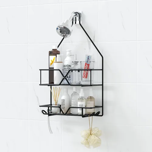 TreeLen Organizador de ducha colgante estante de ducha sobre cabezal de ducha negro, colgador de baño para champú, navaja y jabón