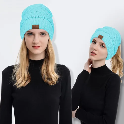 Miniatura 2 de Rosoz 1&2 Packs Ponytail Beanie for Women,Winter Warm Beanie Tail Soft Stretch Cable Knit Messy High Bun Hat