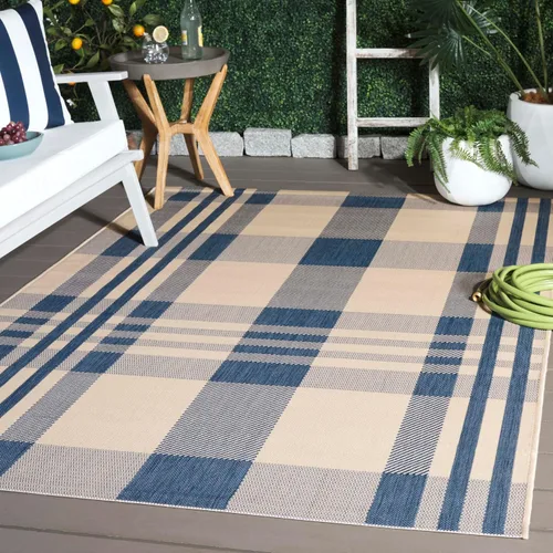 Miniatura 63 de SAFAVIEH Alfombra Lavable para Exteriores Colección Courtyard - 2'3" x 4', Beige y Azul, Patrón a Cuadros, No Desprende Pelusa y Fácil Limpieza