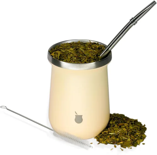 Materos Juego de taza y bombilla de Yerba Mate – Taza de acero inoxidable de doble pared con popote Bombilla y cepillo de limpieza, calabaza de té