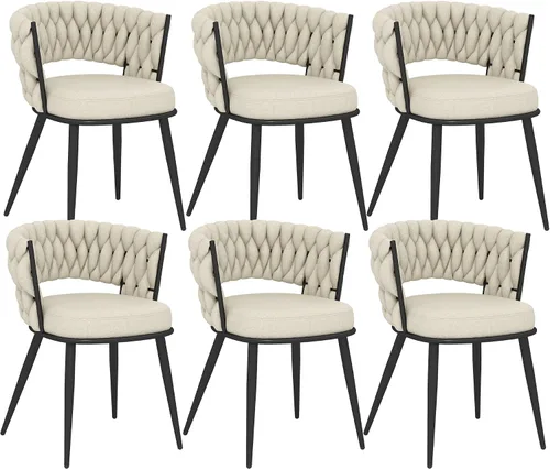 Miniatura 14 de Juego de 2 sillas de comedor tejidas, modernas sillas de comedor tejidas a mano con patas de metal negro, sillas tapizadas con marco negro