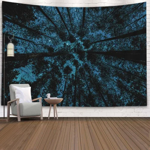 Miniatura 19 de EMMTEEY Tapiz de pared con bosque - Árbol de pino verde y niebla, arte de pared natural, 80x60 pulgadas, tapiz grande de estilo bohemio para sala
