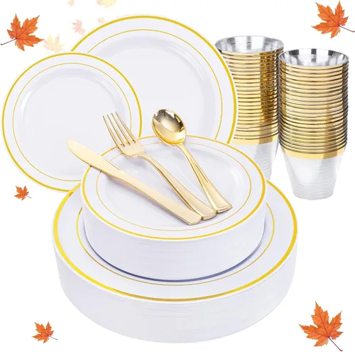 150 platos de plástico dorados, juego de vajilla de plástico dorado blanco perfecto para fiesta, los platos desechables de Acción de Gracias