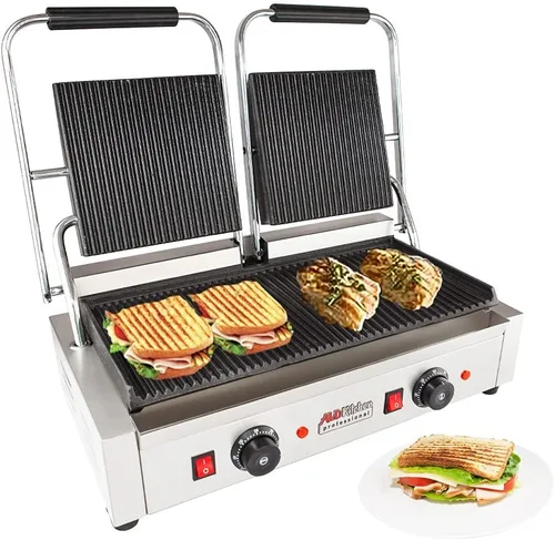 ALDKitchen Prensa doble Panini | Máquina para hacer sándwiches | Placas acanaladas de hierro fundido | Control ajustable | Antiadherente | 110 V