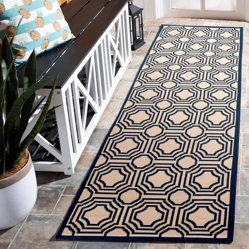 Miniatura 2 de SAFAVIEH Alfombra lavable para exteriores, colección Patio de 2.3 x 6.7 pies, beige y azul marino, no desprende pelusa y es fácil de limpiar, ideal