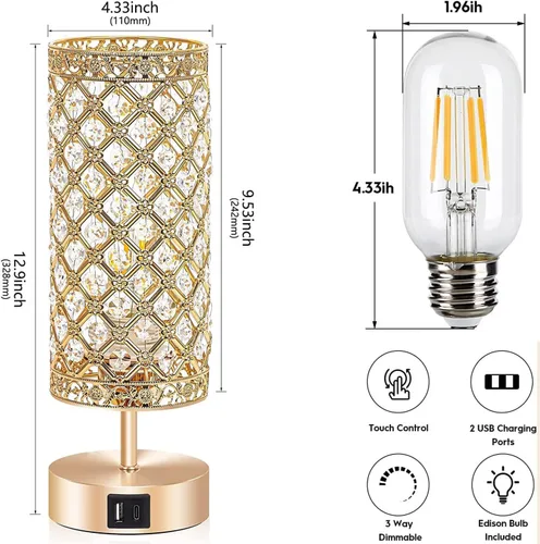 Miniatura 6 de Lámpara de mesa de cristal, lámpara de escritorio regulable K9 con control táctil, lámpara decorativa de cristal K9 con 2 puertos de carga USB