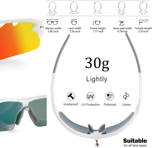 Miniatura 3 de BangLong Polarized Sports Sunglasses Cycling Sun Glasses for Men Women with 5 Interchangeable Lenes for Running Driving Blanco y rojo
