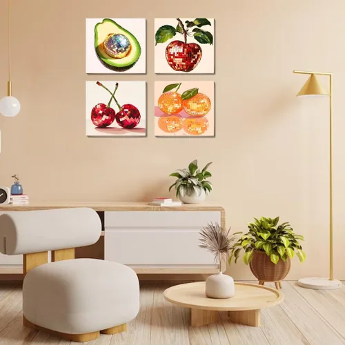 Miniatura 5 de Canrichshop Paquete de 4 Bola de Discoteca DIY Pintar por Números para Principiantes, Pintura al Óleo de Frutas Kits de Pintar por Números