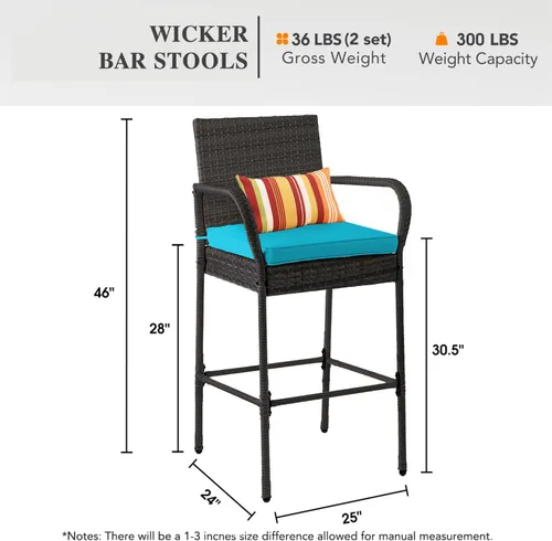 Miniatura 3 de Sundale Outdoor Juego de 2 taburetes de bar, 2 taburetes de mimbre de ratán, sillas de bar para patio con brazos, cojín azul, muebles de mimbre