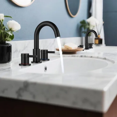 Miniatura 7 de FGKQ Grifo de baño negro para lavabo de 3 orificios, grifo de lavabo de baño con desagüe emergente, grifo de tocador extendido de 8 pulgadas de 3