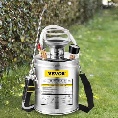 Happybuy Pulverizador de bomba de acero inoxidable de 1 galón, varita de 12 pulgadas y manguera reforzada de 3 pies, medidor de presión, válvula de
