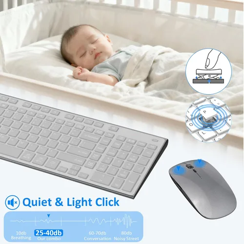 Miniatura 4 de Teclado y mouse inalámbricos, silencioso y silencioso combo de perfil bajo USB C, tamaño completo, compacto con almohadilla numérica plana suave al