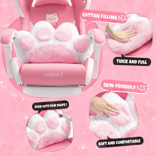 Miniatura 4 de Vigosit Silla de gamer rosa con reposapiés, silla ergonómica y linda para jugadores con orejas de gato, silla cómoda de escritorio y computadora