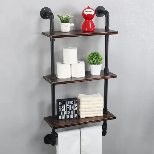 Miniatura 15 de MBQQ Estante de tubería industrial para baño, estantes montados en la pared, estante de madera rústica de 19.6 pulgadas con toallero, toallero