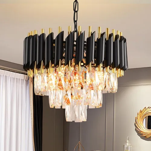 Moderno candelabro de cristal negro y dorado de 3 niveles redondo K9 de cristal empotrado, lámpara de techo regulable de lujo para comedor, sala de
