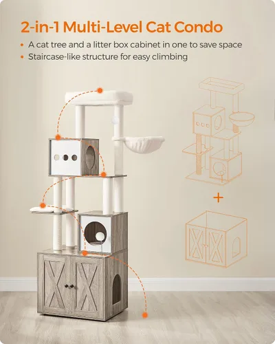 Miniatura 3 de Feandrea Árbol para gatos con recinto para caja de arena, torre para gatos moderna 2 en 1, condominio para gatos de 70.8 pulgadas de alto con postes