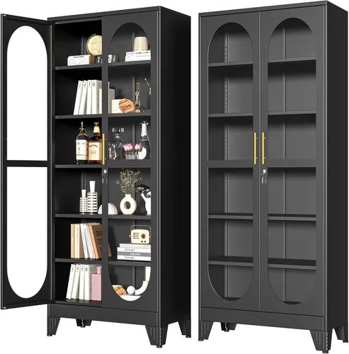 Miniatura 12 de PAOFIN Vitrina de Exhibición con Cerradura de 47" de Alto con Puerta de Vidrio, Gabinetes de Metal con 3 Estantes Ajustables, Gabinete Vitrina
