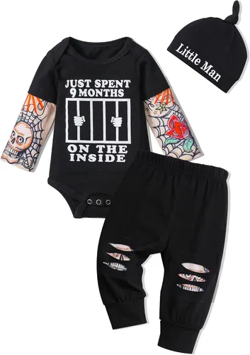 Conjunto de 3 piezas de ropa para bebé y niño, manga de tatuaje, mameluco divertido y pantalones