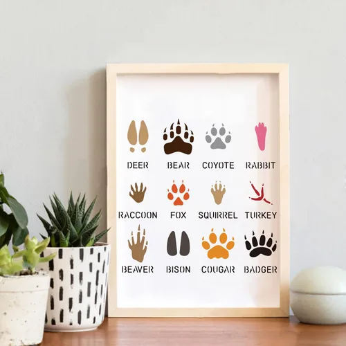 Miniatura 5 de BENECREAT 12 plantillas de huellas de animales, 12 x 12 pulgadas, plantillas de dibujo de ciervos/osos/conejos/zorros/pavo, para pintura de pared