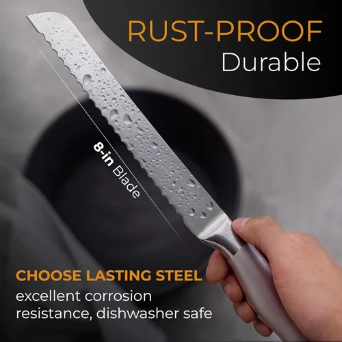 Miniatura 5 de Cuchillo de Pan Dentado Orblue con Borde Ondulado Súper Afilado de Acero Inoxidable Mejorado - Cortador de Pan Ideal para Rebanar Bagels Caseros