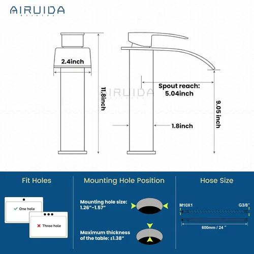 Miniatura 6 de Airuida Grifo de lavabo de recipiente alto, cascada de un solo agujero, grifo de baño, grifo mezclador de un solo agujero, grifo de lavabo