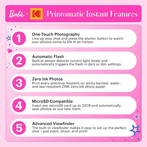 Miniatura 6 de Barbie x Kodak Printomatic - Cámara digital de impresión instantánea a todo color, cámara Barbie portátil de 5 MP imprime fotos coloridas adhesivas