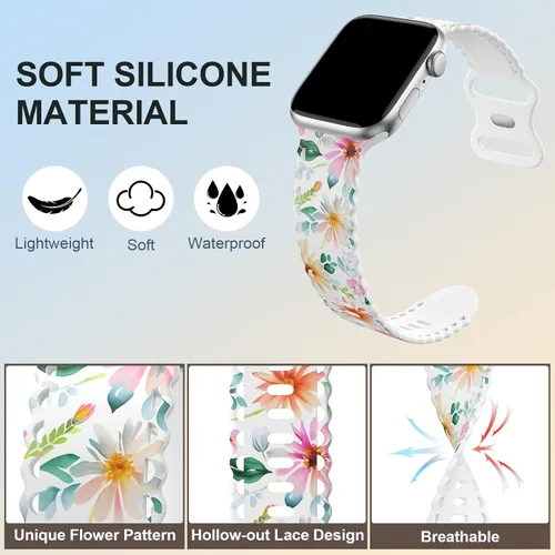 Miniatura 3 de Correa de encaje floral compatible con Apple Watch de 40mm 44mm 46mm 41mm 45mm 38mm 42mm 49mm, mujeres, correa deportiva de repuesto de silicona B