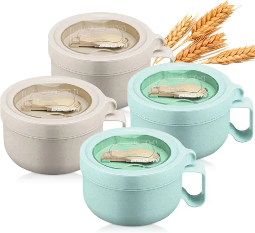 Miniatura 7 de Maxdot 4 piezas de tazón para microondas de ramen, tazones de sopa instantánea aptos para microondas con tapas, tazones grandes de sopa con asas
