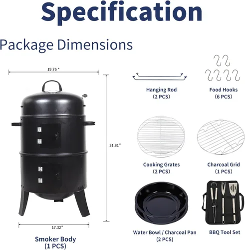 Miniatura 3 de Ahumador vertical de carbón de 16 pulgadas, mini parrilla de barbacoa, hoguera, 3 en 1 con termómetro integrado, ventilación de aire ajustable