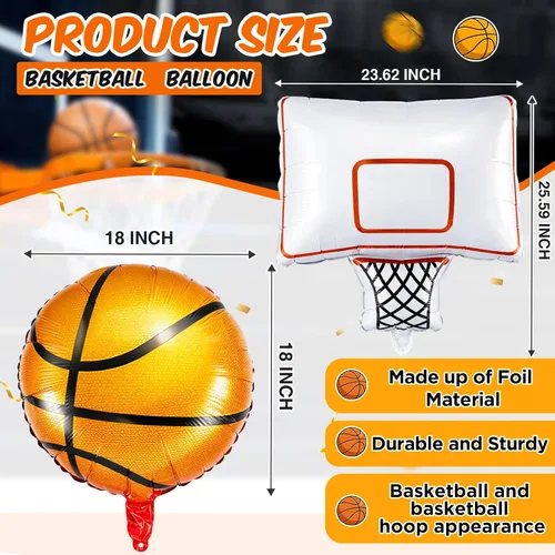 Miniatura 2 de Soulchen Juego de 6 globos de papel de aluminio para fiesta de baloncesto con 4 globos de baloncesto naranjas y 2 globos decorativos de aro