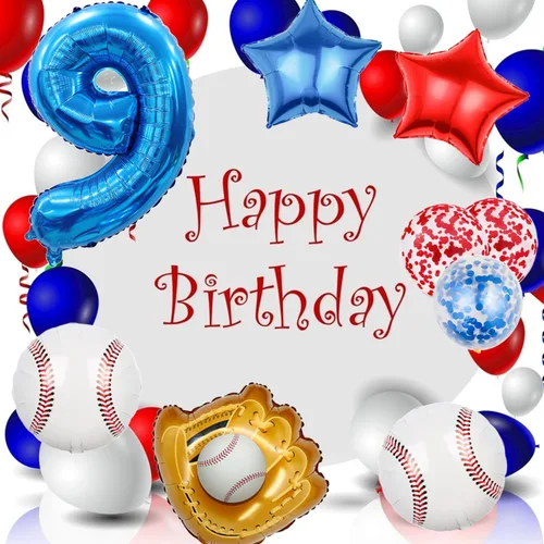 Miniatura 5 de Globos de béisbol de papel de aluminio para decoración de cumpleaños, globos con el número 9, globos de confeti de estrella roja y azul para Béisbol